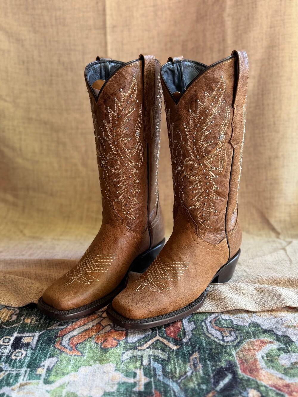 Rock'em Women's Brown Embroidered Western Cowboy Boots Square Toe Leather Size 7